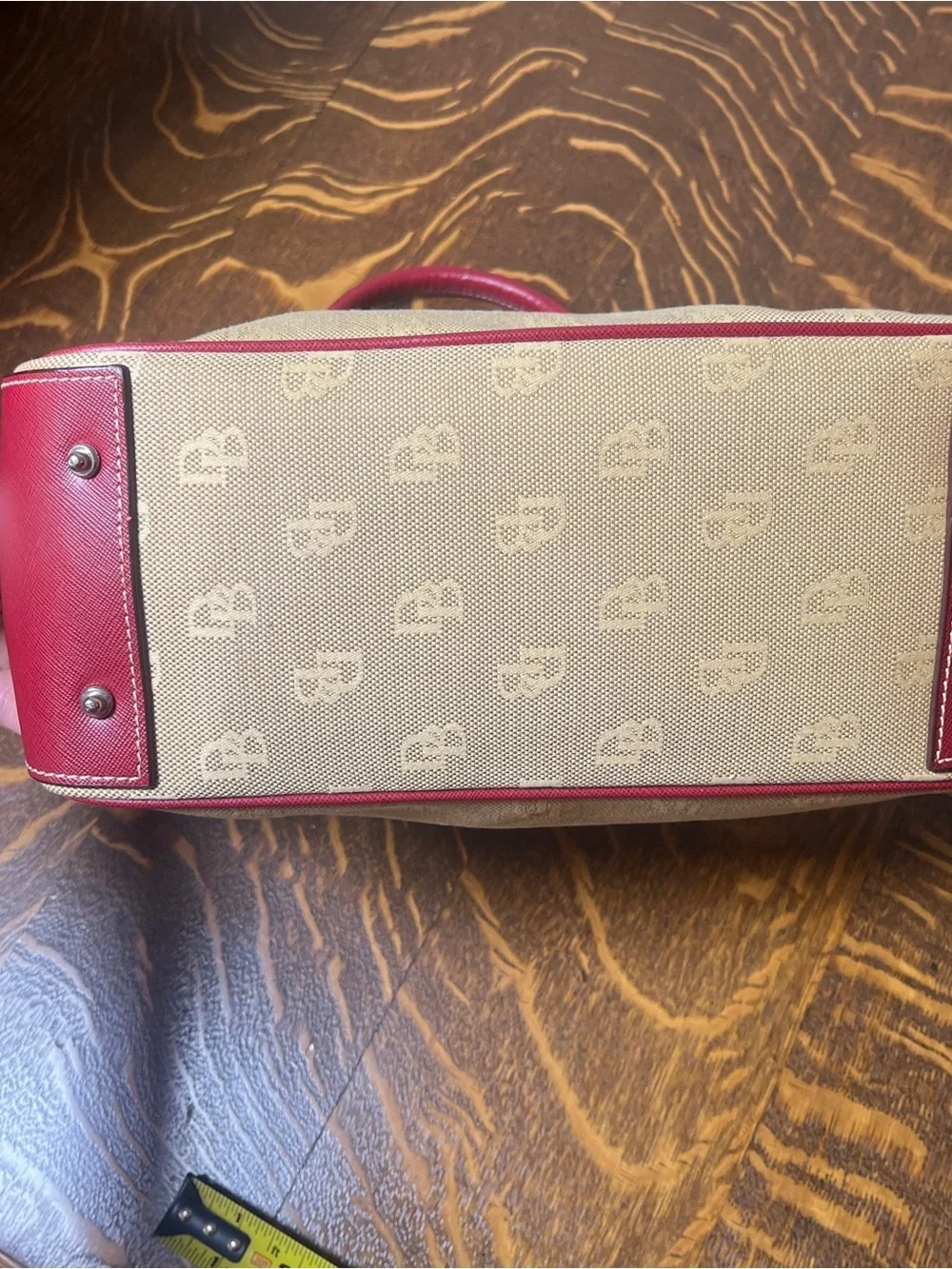 Dooney & Bourke Tan Monogram Canvas Satchel with Red Leather Trim Silver Lock.